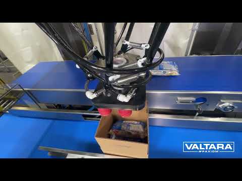 Compact Delta robotic pick and place system for loading bags into cases - ValTara PKR Delta MS