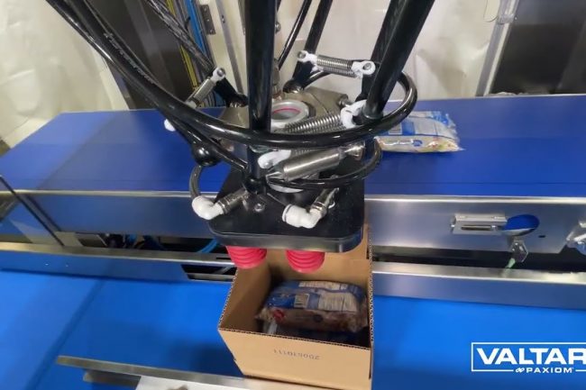 Compact Delta robotic pick and place system for loading bags into cases - ValTara PKR Delta MS